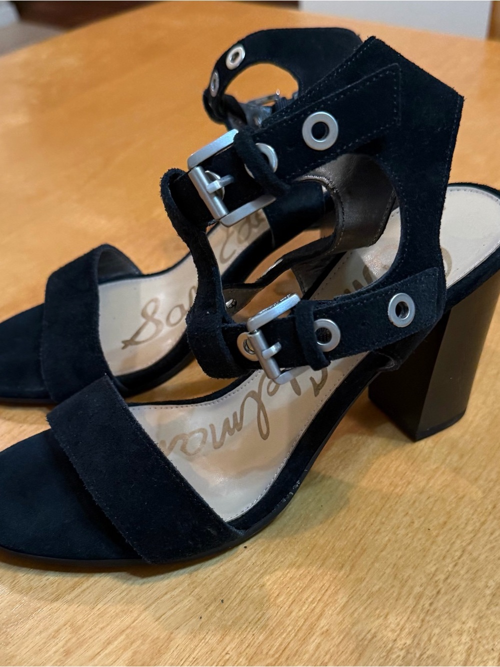 Sam Edelman Black Suede Block Heel Sandals with Grommet Straps